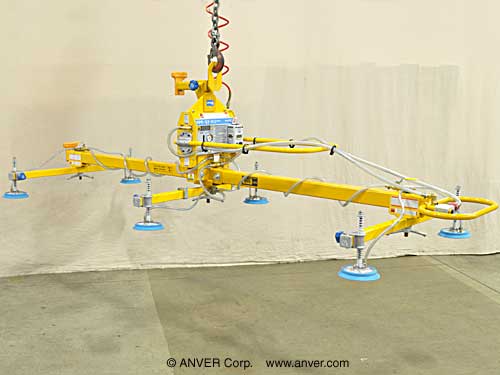 ANVER Six Pad Air Powered Vacuum Lifter with Perpendicular Mounted Generator for Lifting Smooth Fiberglass Truck Hoods up to 900 lb (408 kg)